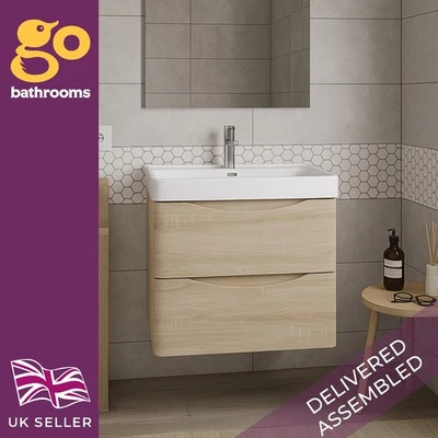THE BATH PEOPLE Light Wood Wall Hung Two Drawer Eaton 600mm Bathroom Vanity Unit & White Sink