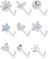 Tornito 9Pcs Nose Rings Stud L Bone Screw Shaped Ring A:Silver Tone