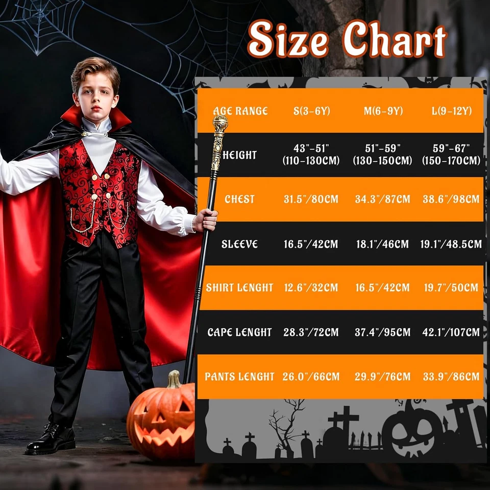 Boys Vampire Costume Set with Cape, Shirt, Pants & Cane Kids Dracula Outfit - Image 4 of 4