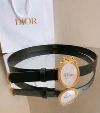 Dior M daillon Black Leather Belt Gold Oval Bow Buckle 2.5CM