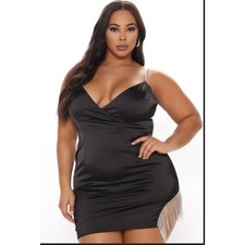 FASHION NOVA Black Augustine Satin Surplice Mini Dress with Jewel Fringe 2XL