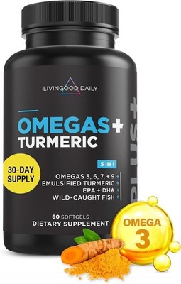 Livingood Daily Omega 3 6 9 Plus Turmeric Curcumin, Supports Heart - 60 Softgels