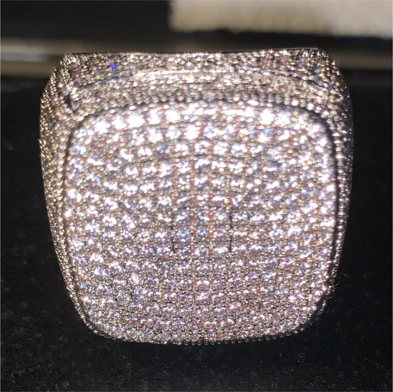 Men's Silver Hip Hop Square Pavé Cubic Zirconia Round Stones