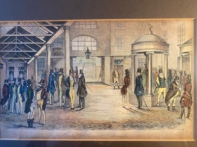 Gerahmter handkolorierter Kupferstich von 1810 ''Montag Nachmittag in Tattersalls''