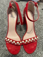 Stuart Weitzman Red Suede Pearl-Embellished Ankle-Strap Heels