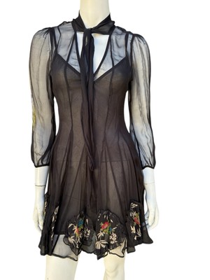 Kate Moss Topshop NWT Black Floral Embroidered Vintage Sheer Mini Dress US sz 4