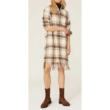 Polo Ralph Lauren Plaid Fringed Shirt Dress Size 12 Beige Brown Long Sleeve