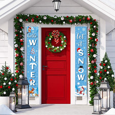 Christmas Snowflake Door Banner - Blue Winter Welcome Porch Sign Let It Snow - H