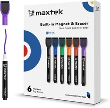 6 Magnetic Whiteboard Markers Fine Tip w/ Eraser Caps Assorted Colors School NEW