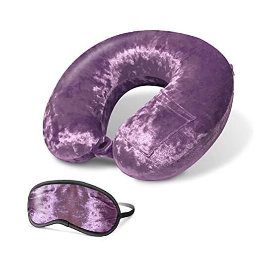 Crushed Velvet Memory Foam Neck Pillow with Sleep Mask - Purple