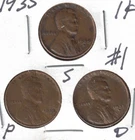 1935-D+P+S Circulated Business Strike Three Copper One Cent Coins! #1