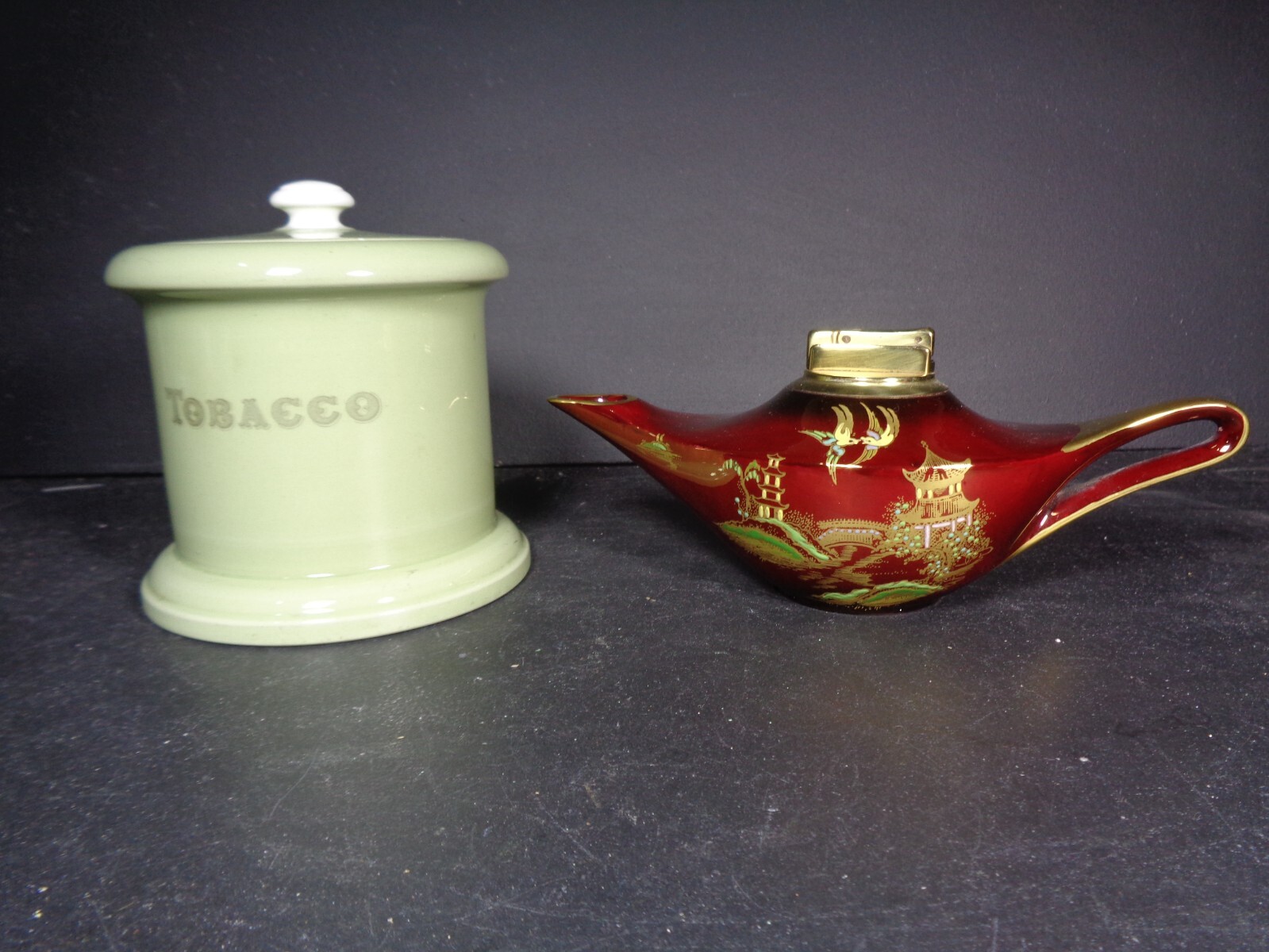 Carlton Ware Aladdin Lamp Style Lighter & Green Wiltshaw & Robinson Tobacco Jar