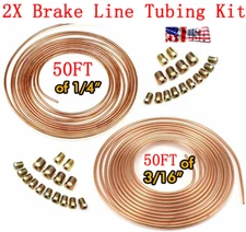 Steel Copper Brake Line Tubing Kit 3/16" 1/4" OD 50 Ft Coil Rolls + All Fittings
