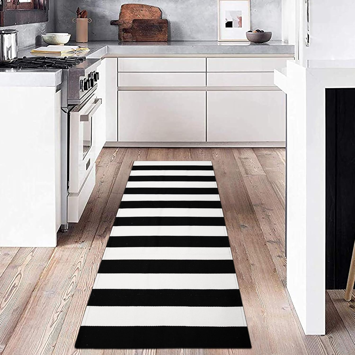 Black and White Striped Runner Rug 2X6 Ft Washable Hallway Runner