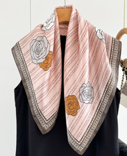 100 Mulberry Silk Scarf 70X70CM Women's Pink camellia Printed Scarf NEW