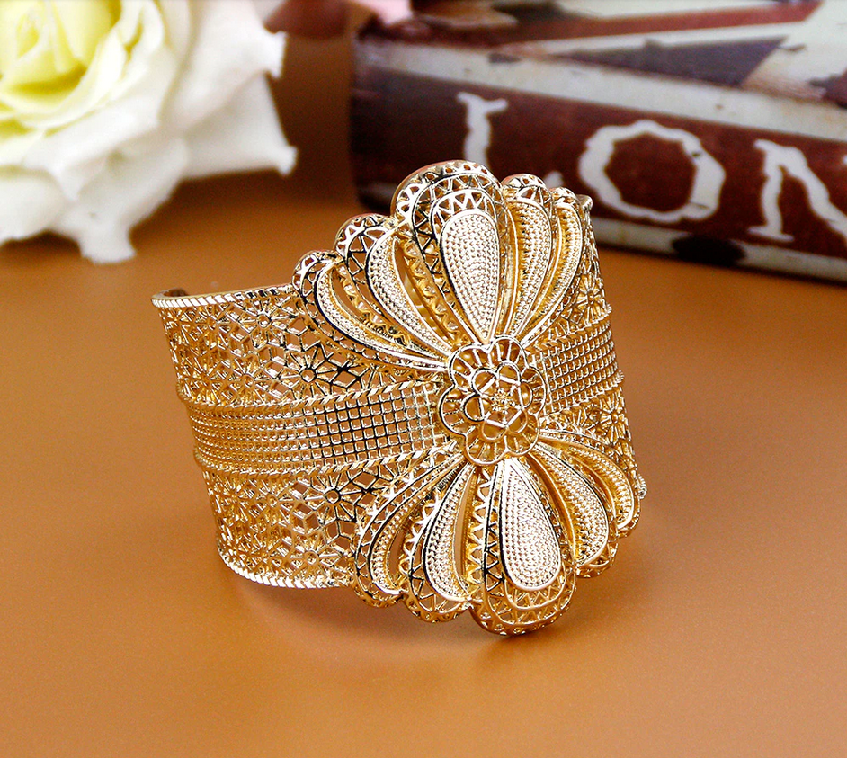 18K Gold Plated Dubai Moroccan Turkish Wide Cuff Bracelet Indian