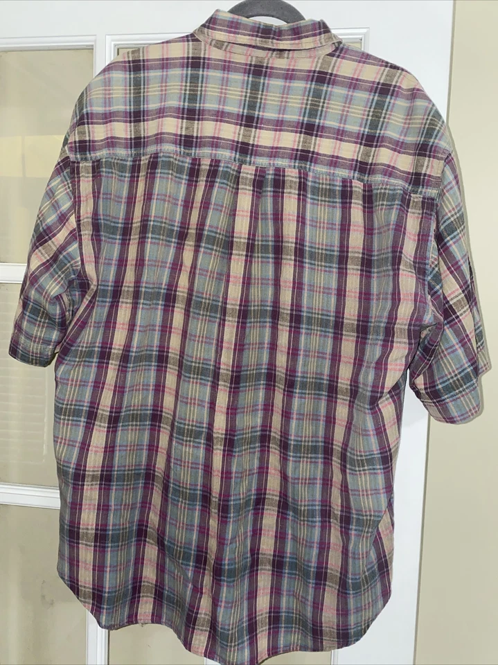 Vintage 90s Bugle Boy Plaid Pink Purple Button Up Shirt Men XL Short Sleeve - Image 4 of 4
