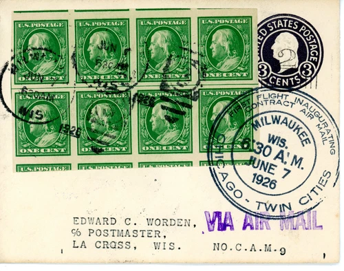 FFC Cam 9 9W2 Milwaukee to La Cross FFC - imperforate Franklin block of 8