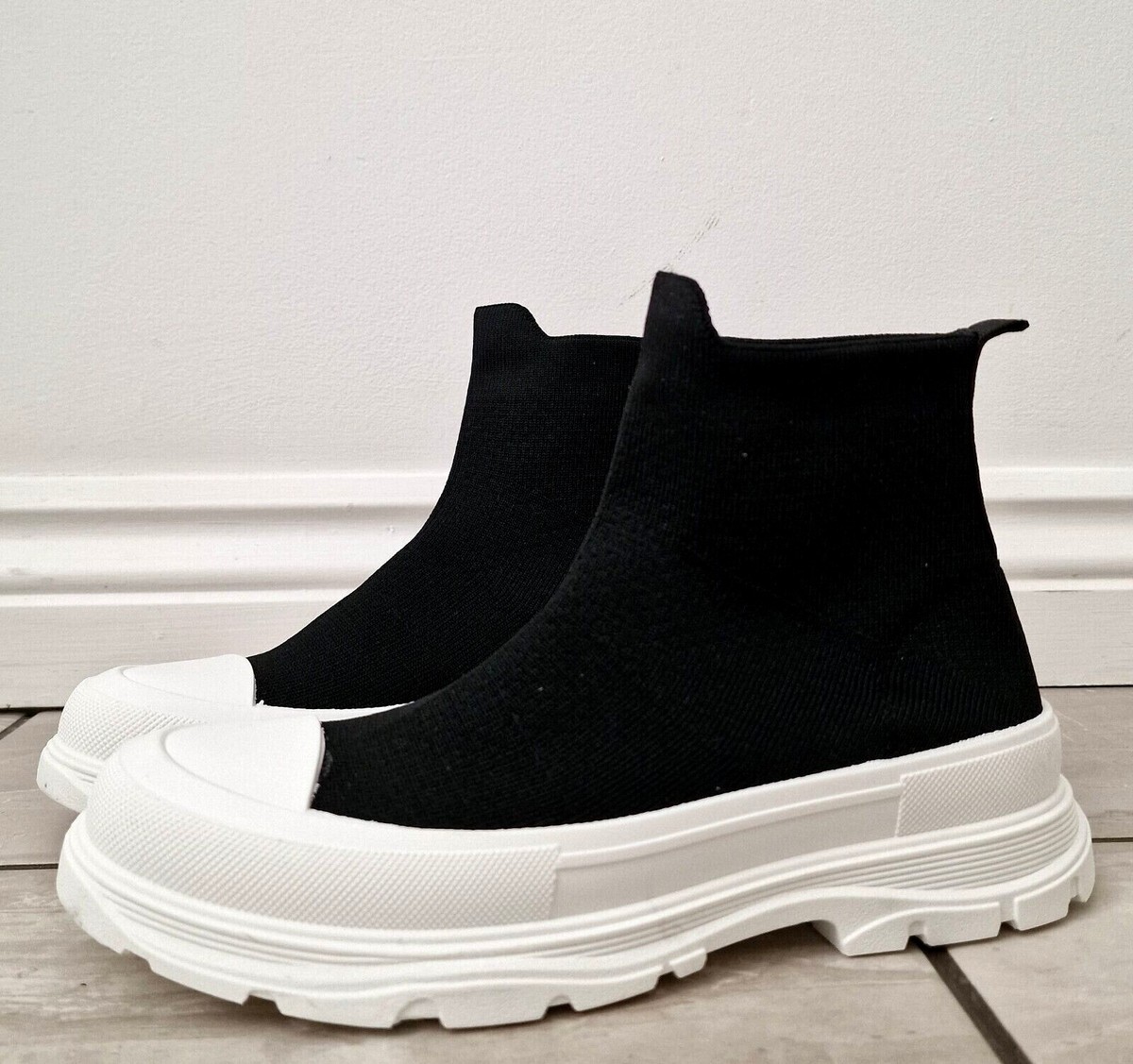 WOMENS BLACK KNITTED SOCK TRAINERS SNEAKERS HIGH TOP SLIP ON SHOES