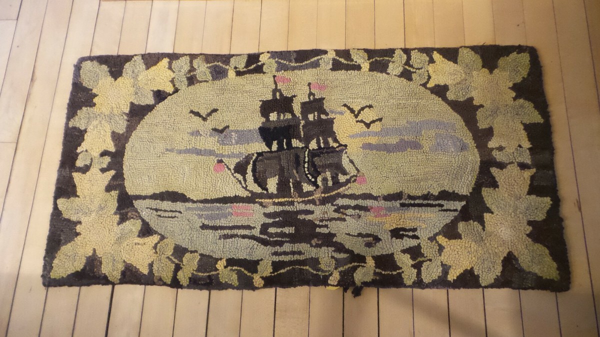 Antique HOOKED RUG Sailing Ship, Nautical, Primitive, 36