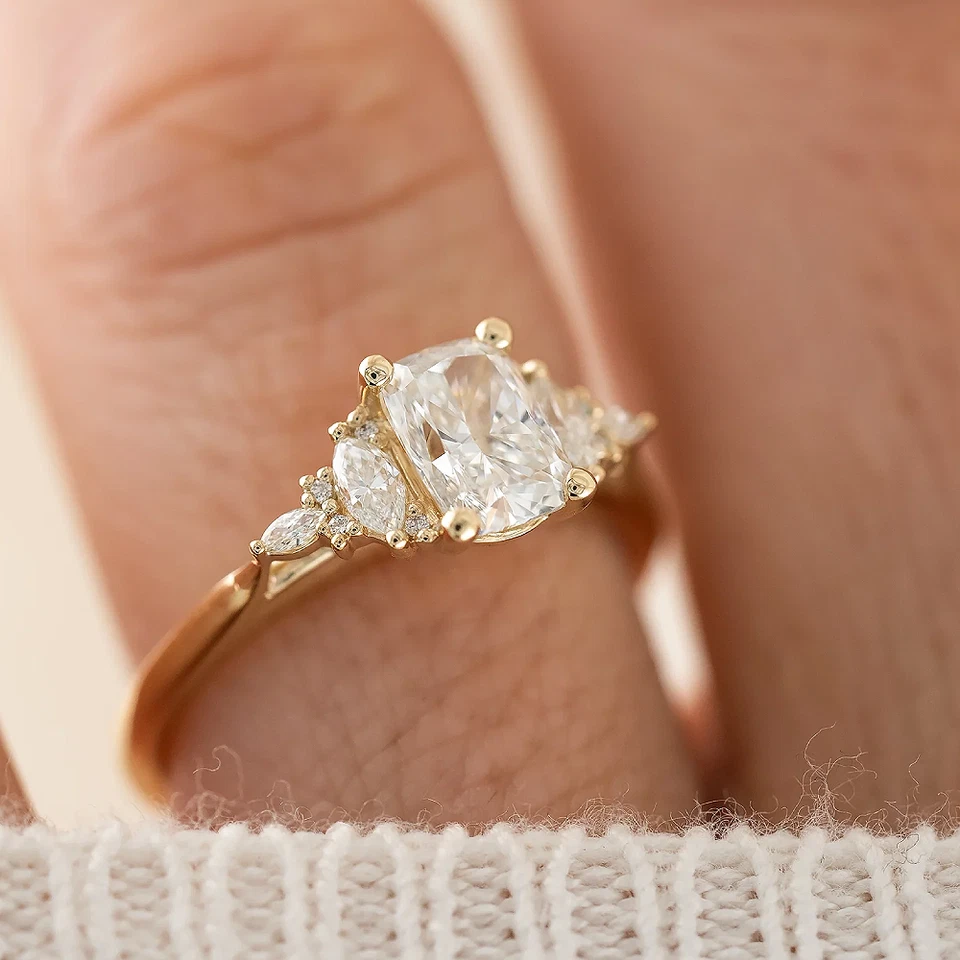 Diamond Ring IGI Certified 1.30 Ct Lab Grown 14K Yellow Gold Cushion Cut Size 5 - Image 2 of 4