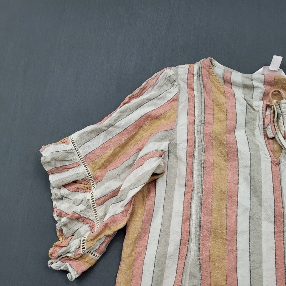 Blusa LC Lauren Conrad Mujer M 3/4 Volantes Manga Lino Cuello en V Rayas Rosa Foto 2 de 4