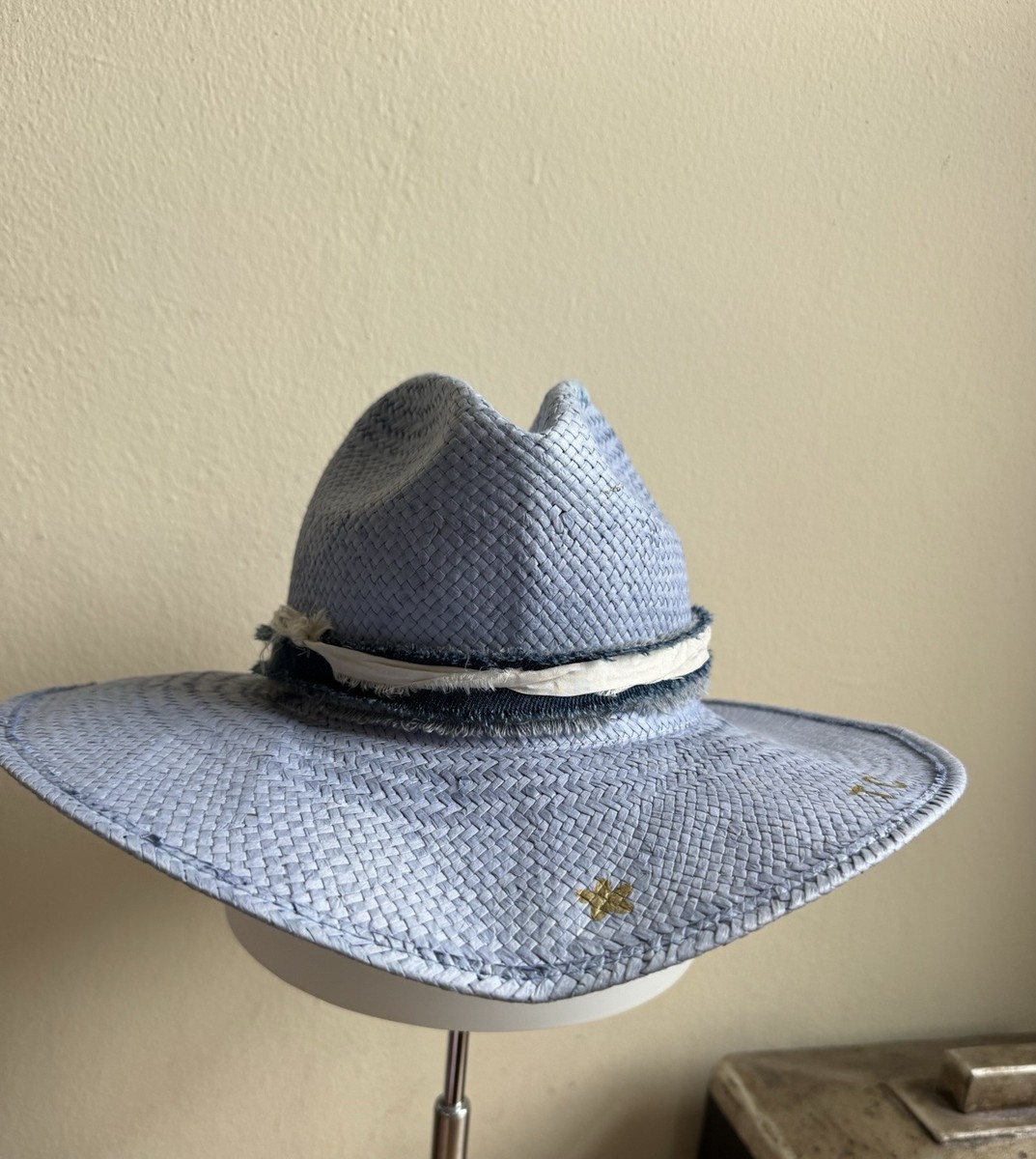 Janessa Leone Straw Fedora with Gray/Blue Band JANESSA LEONE WIDE BRIM WESTERN FEDORA STRAW SUN HAT BLUE  main image 2