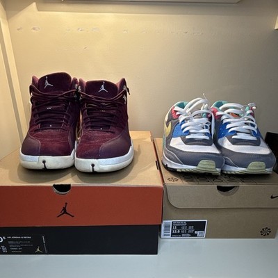 Jordan 12 Bordeaux (10.5) & Nike Air Max 90 SE Air Sprung Iron Grey (11) Combo