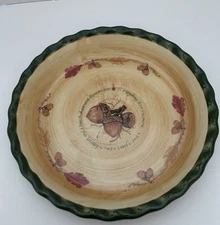 Russ Berrie Stoneware Pie Pan, Hand-painted Acorns & Oak Leaves 10" Fluted Edge
