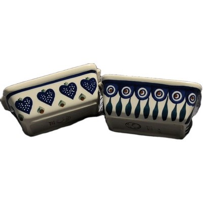 polish handmade in Poland mini loaf pans 501 # blue strawberry and peacock Dot 