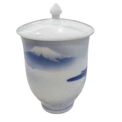 Japanese Fukugawa Porcelain Lidded Jar Blue Mountain Design Ceramic Small