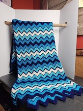 Handmade Crochet Baby Blanket, Blue Ripple Blanket, Pram, Crib, Striped, Newborn
