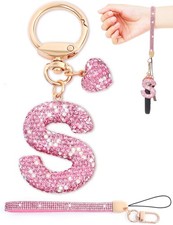 Pink Initial Keychain for Girls,Bling Letter S Key chain with Heart,Rhineston...