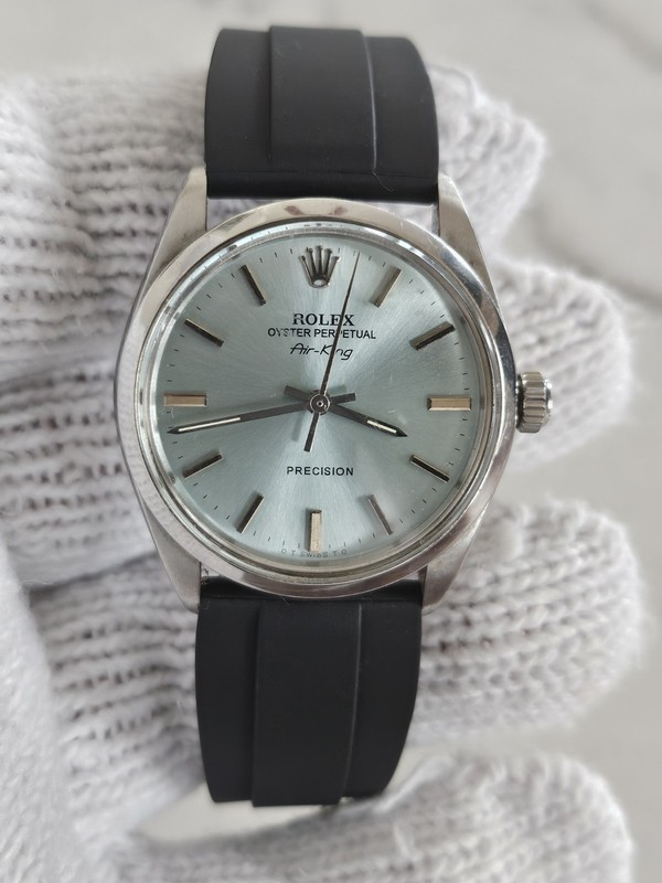 NO RESERVE! Rolex Air-King 14000 Factory Tropical Baby Blue Dial Rubber Strap