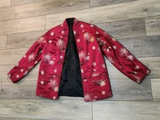 Vtg Reversible Chinese Brocade Jacket Red / Black Gold, Frog Closure Women's S