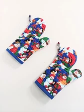 Pair of Christmas Handmade Oven Mitts Fabrics by Cranston. Dbl Insulated USA