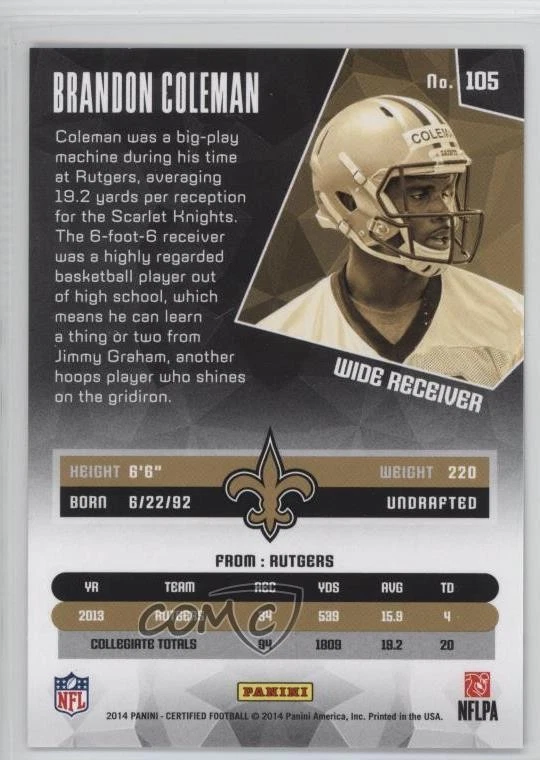 2014 Certified Hot Box Blue Camo /100 Brandon Coleman #105 Rookie RC - Image 2 of 2