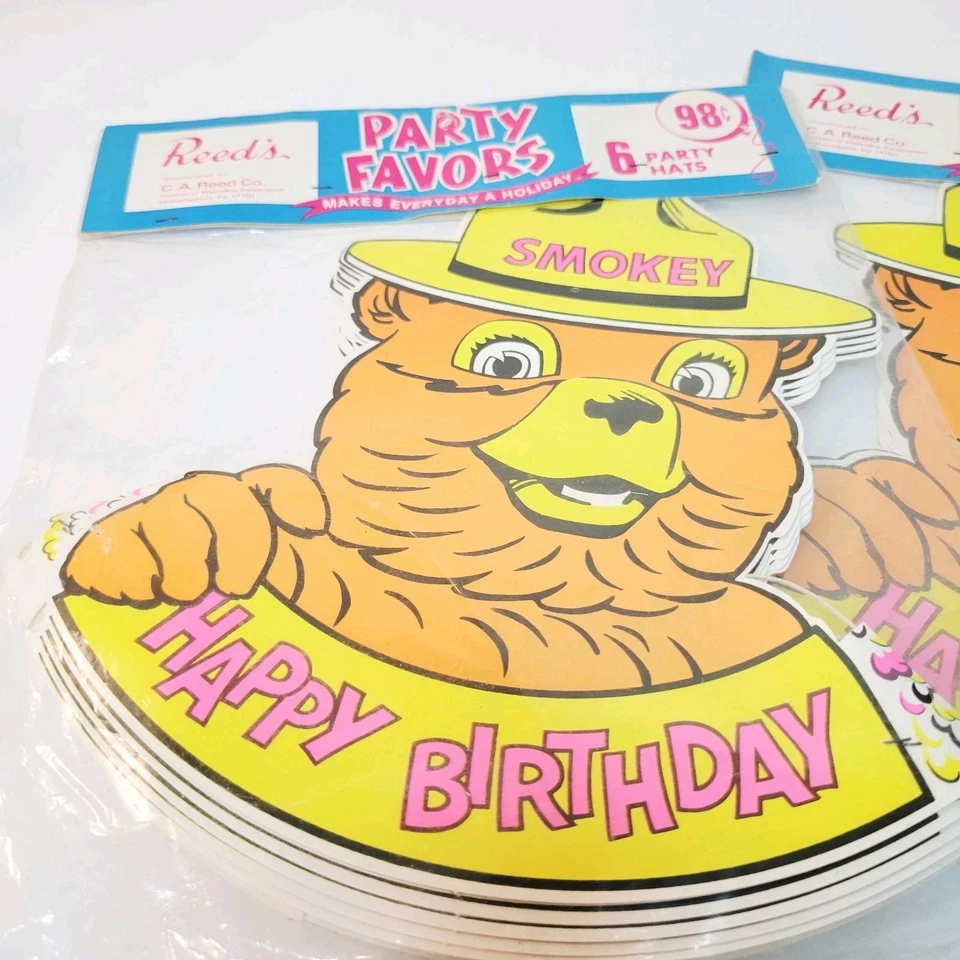 2 sombreros de fiesta de colección Reed's Smokey the Bear favores de fiesta amarillo marrón rosa 6 en cada uno Foto 2 de 4