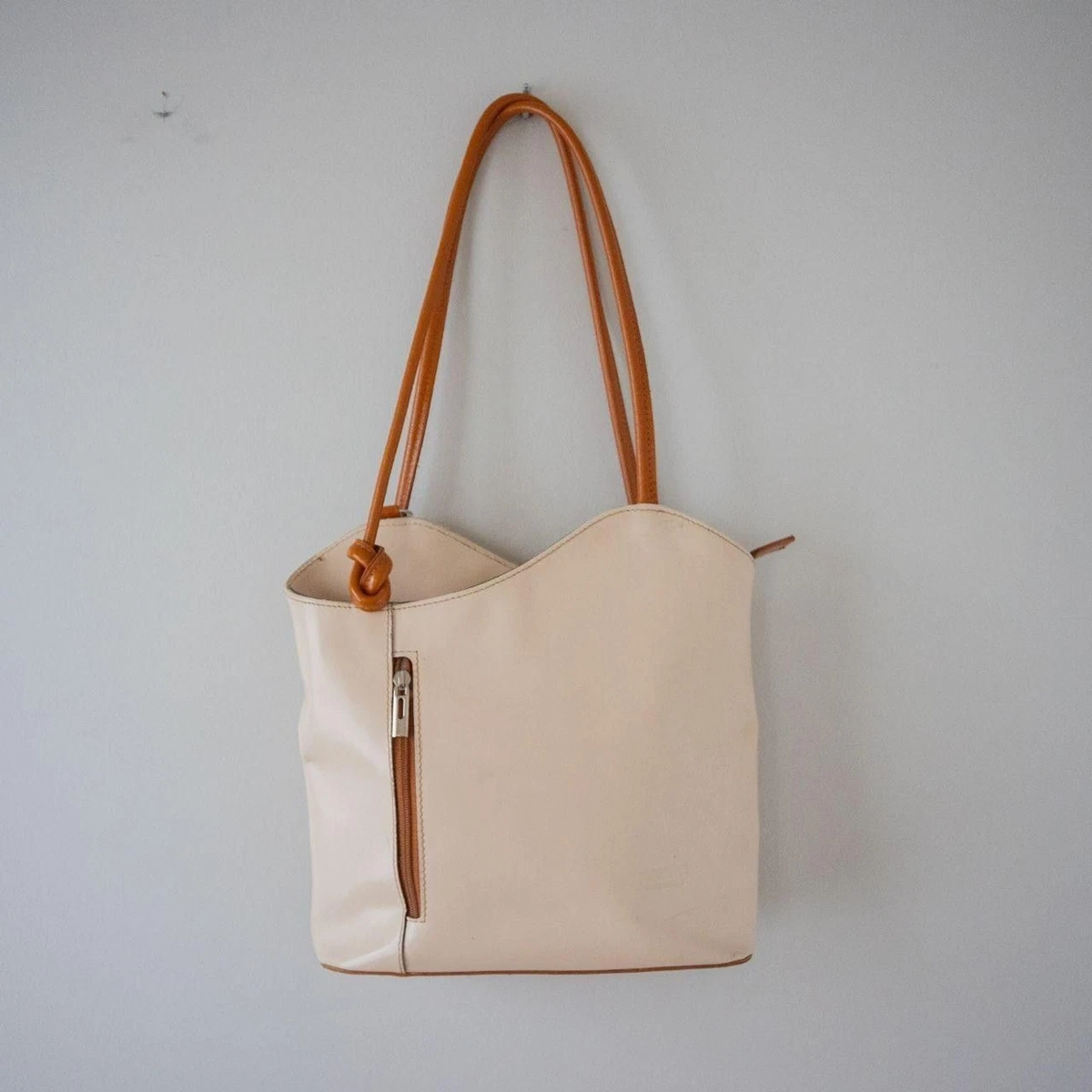 Florence BLUE GENUINE LEATHER BROWN TRIM SHOULDER BAG CONVERTIBLE BACKPACK PURSE Fioretta Italian Genuine Leather Top Handle Backpack Handbag  main image 4