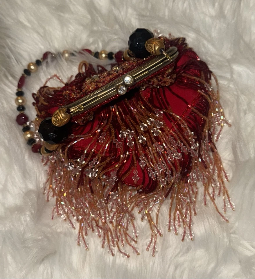 Bolso de noche vintage Caroline día cuentas flecos lentejuelas pedrería rojo nuevo Foto 4 de 4