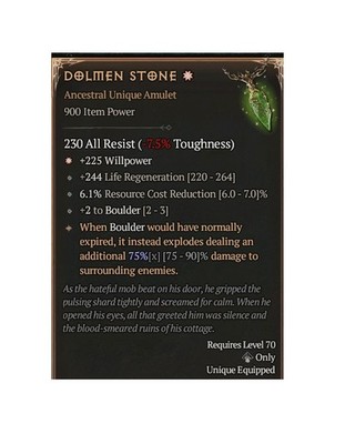 Diablo 4 Season 14 Dolmen Stone 1GA 75% Unique Amulet Druid Item Gear Equipment