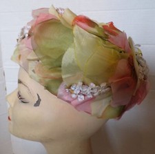 Vintage 50s 60s Yellow, Orange Green Chiffon Petal Pillbox Hat Doree of New York