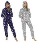 Womens Hooded Pyjamas Warm Fleece Top & Pants PJ Pyjama Lounge Set Stars