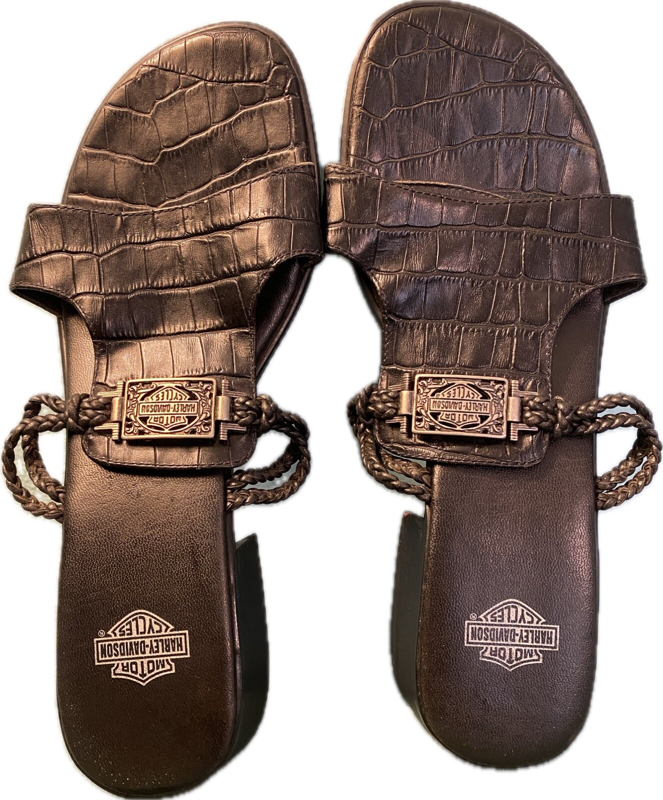 Harley Davidson Womens Sandals Black Croc Print Silver Emblem Size 8 US