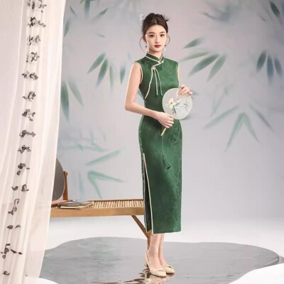 Cheongsam Dress Vintage for Women Chinese Qipao Traditional Green Midi Size 4-12