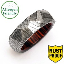 Customized Faceted Gunmetal Damascus Steel Ring Mens Hammered Band Wood Sleeve