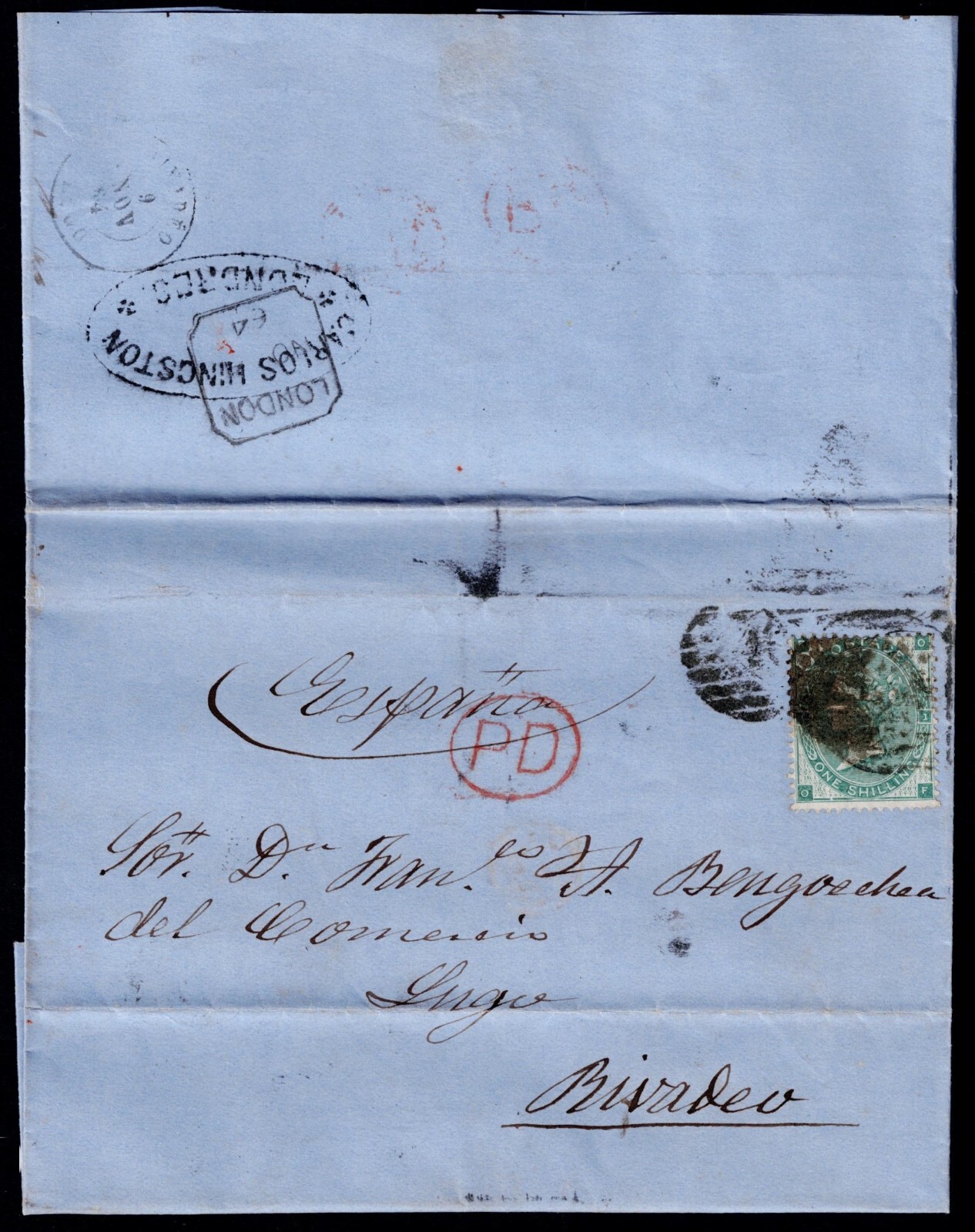 1864 1/- Pl 2 DE Londres a Vigo España SG 90 VGU Cat. 450,00 £