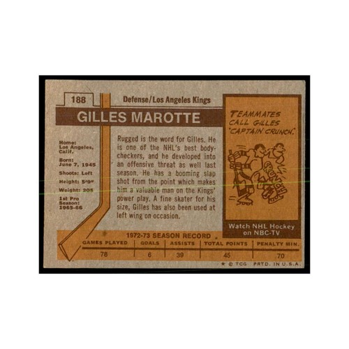 Gilles Marotte 1973 Topps #188 Hockey Cards Hockey Card EX - Picture 2 of 3