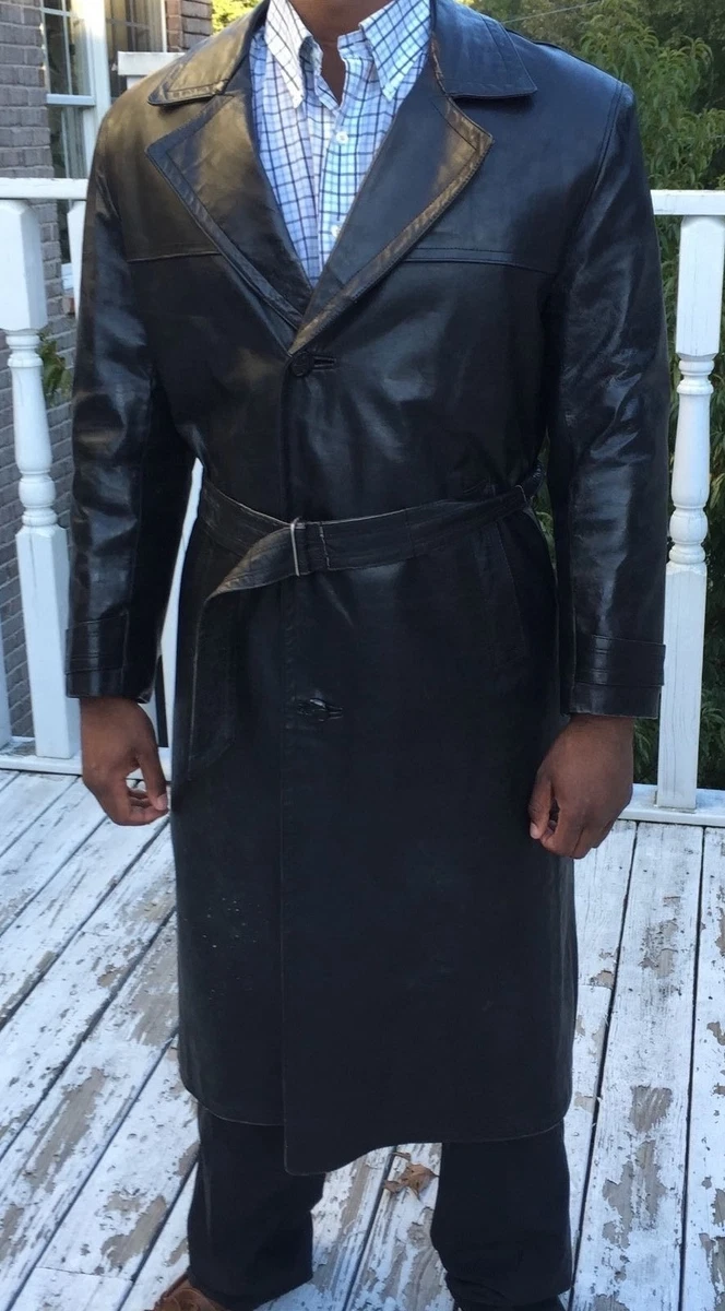 Designer rugged classy Vintage full length Men's Black leather Jacket Coat M-L