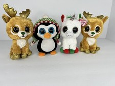 Christmas Beanie Boos Plush - 2 Reindeer, 1 Unicorn, 1 Penguin Ty LOT OF 4
